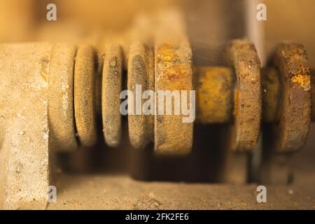Rusty mechanisms close up, cause of breakage and inability to use concept photo Stock Photo