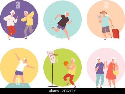 Old people lifestyle. Happy elder persons seniors healthy activities. Vector characters action poses Stock Vector