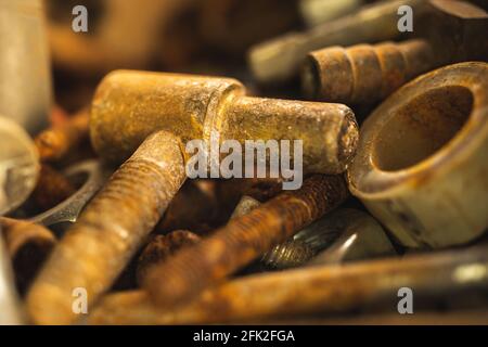 A set of rusty and unusable old tools found in barn Stock Photo