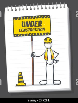 Under construction hand lettering on white background. Hand drawn on notebook page. Stick figure drawing. Vector print illustration.  Stock Vector