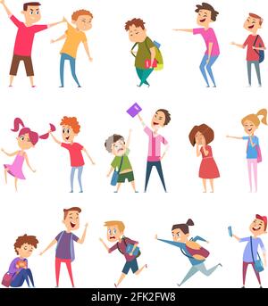 Bullied characters. School kids conflict social problems of stressed people scared emotions vector cartoon illustrations Stock Vector