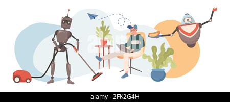 Domestic personal robots vector flat illustration. Robots cleaning floor, cooking, and serving food while young man is working and social networking. Artificial Intelligence, future technologies. Stock Vector