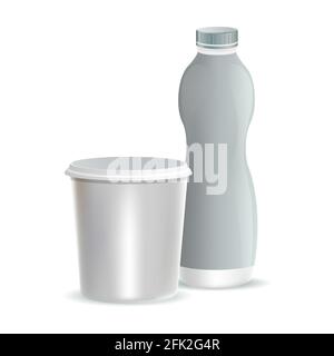 Two white plastic packaging for milk, yogurt, dessert, or cream vector realistic illustrations isolated on white background. Pot and bottle mockup template. Containers for yogurt. Stock Vector