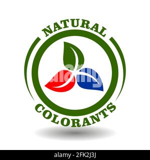 Vector stamp Natural RGB colorants, organic color ingredients for product packaging. Vector icon with red, green, blue leaves isolated on white Stock Vector