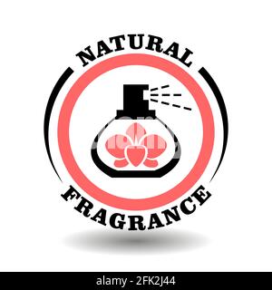 Natural fragrance vector stamp with orchid flower in perfume bottle. Round icon for natural organic cosmetics packaging without synthetic scent and ar Stock Vector