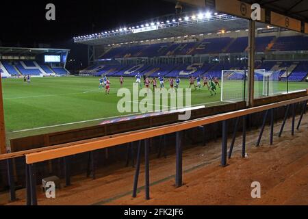 Peterborough, UK. 27th Apr, 2021. A general view of action, seen from the empty London road terraces at the Peterborough United v Doncaster Rovers EFL League One match at the Weston Homes Stadium, Peterborough, Cambridgeshire. Credit: Paul Marriott/Alamy Live News
