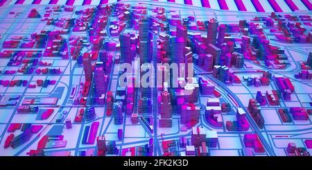 abstact city in cyberpunk colors above view. 3d rendering Stock Photo