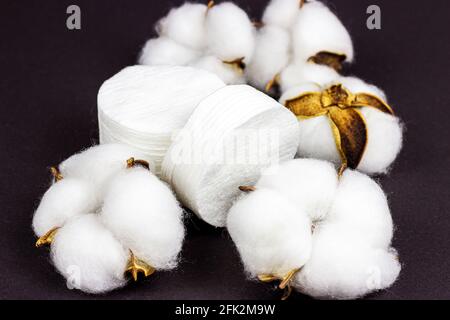 White soft cotton pads for hygiene and healthcare on black background. Stock Photo