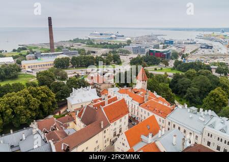 TALLINN, ESTONIA - AUGUST 22, 2016: Aerial view of the port and the Old Town in Tallinn, Estonia Stock Photo