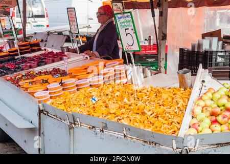 HELSINKI, FINLAND - AUGUST 25, 2016: Fresh fruit and mushrooms stall at Kauppatori Market Square in Helsinki Stock Photo