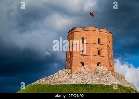 Tower Of Gediminas Gedimino In Vilnius, Lithuania, part of Upper Vilnius Castle Complex Stock Photo