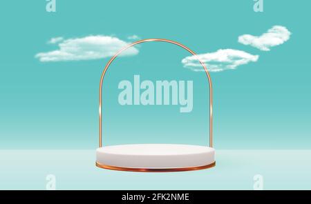 White 3d pedestal background with Golden Glass Ring Frame on blue cloudy for cosmetic product presentation, fashion magazine. Copy space vector Stock Vector