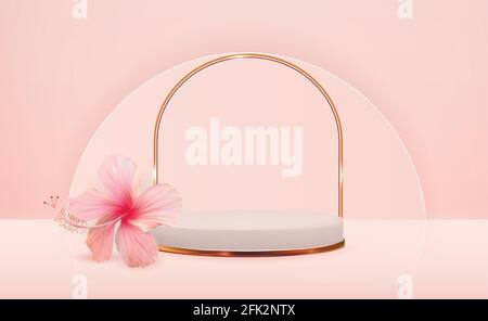 White 3d pedestal background with hibiscus flower for cosmetic product presentation, fashion magazine. Copy space vector illustration Stock Vector
