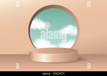 Simple 3d display podium decoration in pink background with a round window to the clouds in the sky. Product presentation, show cosmetic product, Podi Stock Vector