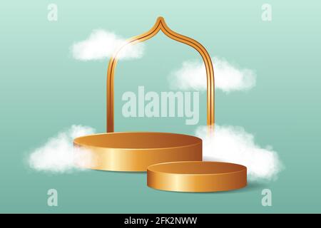 Simple Islamic 3d display podium decoration in sky blue background with golden hanging lantern and crescent moon. Product presentation suitable for Ra Stock Vector