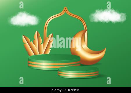 Islamic 3d pedestal stage decoration in green background with realistic clouds, golden leaf and crescent moon. Product presentation suitable for Ramad Stock Vector