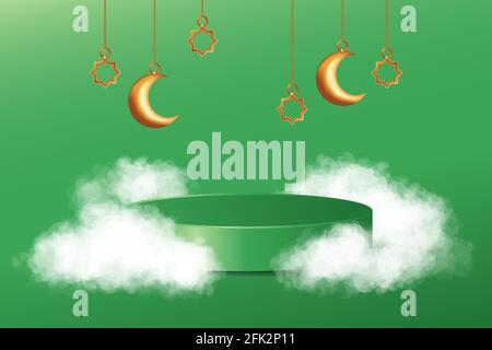 Islamic 3d display podium decoration in green background with realistic clouds and golden crescent moon. Product presentation suitable for Ramadan Stock Vector