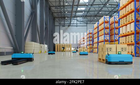Robots efficiently sorting hundreds of parcels per hour,pallet lifter AGV.3d rendering Stock Photo