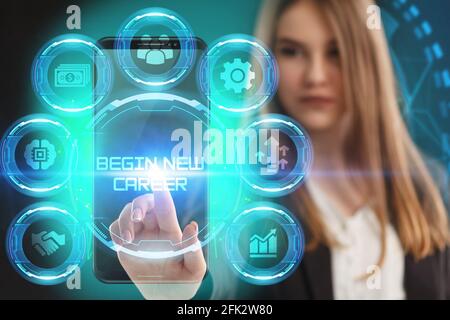 Business, Technology, Internet and network concept. Young businessman working on a virtual screen of the future and sees the inscription: Begin new ca Stock Photo