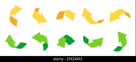 Flat green or yellow color curved arrows 3d set. Icons of cursor or direction. Realistic arrow twisted in various directions. Pointer sign. Rounded navigation. Isolated on white vector illustration Stock Vector