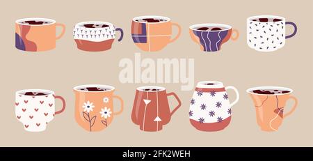 Collection ceramic cups. Set icons of mugs with various ornaments filled with drink, hot tea or coffee. Hand drawn abstract, floral linear pattern on cup. Flat cartoon style design Vector illustration Stock Vector