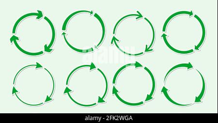Green of paper round sticker recycle icon set. Flat rotate circle arrow symbol with shadow. Eco rotation, infographic element for web, app. Label logo for using recycled resources. Vector illustration Stock Vector