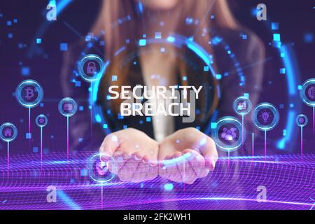 Business, Technology, Internet and network concept. Young businessman working on a virtual screen of the future and sees the inscription: Security bre