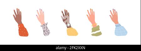 Raised female hands. Group human arms of different skin color. Racial equality. Multiethnic friendship. Femininity concept. Vector illustration in Stock Vector