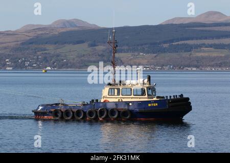 Biter, a Damen Stan 1 tug operated by Clyde Marine Services, assisting PS Waverley into Garvel Dock, on the Firth of Clyde.. Stock Photo