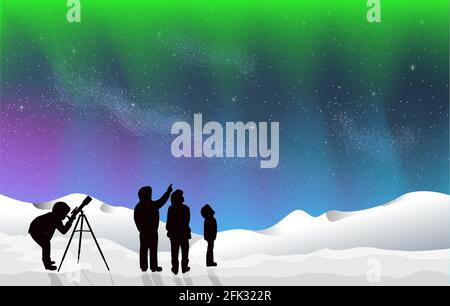 Aurora Northern Lights in Snow. Stargazing looking at dark night sky stars. A group of people family and friends with man woman and children with tele Stock Vector