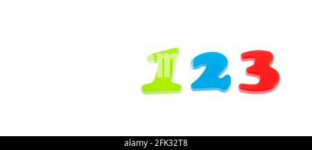 plastic numbers one, two and three in vivid colors isolated on white background Stock Photo