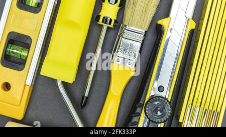 various instruments and working tools for house renovation. top view. closeup. Stock Photo