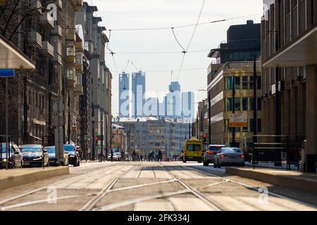 Russia, Moscow - 17 April 2021: Moscow city street view. View from Lesnaya street. Stock Photo