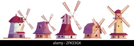 Old windmills, vintage stone and wooden wind mills. Traditional dutch farm buildings for grinding wheat grains to flour. Vector cartoon set of countryside architecture isolated on white background Stock Vector