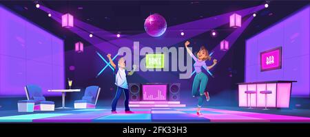 Young people dance at night club disco party, man and woman dancing, moving with raised hands. Teenagers nightlife activity in bar with glowing floor and neon illumination, Cartoon vector illustration Stock Vector