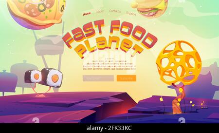 Fast food planet cartoon landing page with pizza, burger spheres and sushi over alien landscape with bizarre tree. Cosmic fantasy game, space adventure, funny world ui graphic design vector web banner Stock Vector