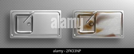 Stainless kitchen sinks with faucets in top view. Clean and dirty rusty metal sinks with basin mixer and utensil drainer. Vector realistic set of steel wash bowls isolated on transparent background Stock Vector
