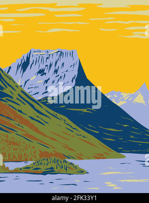 WPA Poster Art of the Waterton-Glacier International Peace Park, the union of Waterton Lakes National Park in Canada and Glacier National Park in the Stock Vector