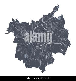 Ostrava map. Detailed vector map of Ostrava city administrative area. Cityscape poster metropolitan aria view. Dark land with white streets, roads and Stock Vector