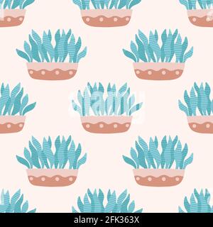 Plant pattern background. Vector seamless repeat design of hand drawn potted house plants, trendy illustration resource. Stock Vector