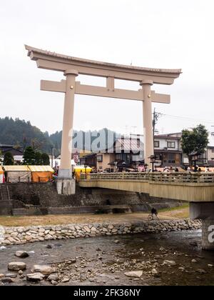 Takayama, Japan - October 10, 2015: Big torii gates of Hachimangu shrine on the day of Takayama Autumn Festival Stock Photo