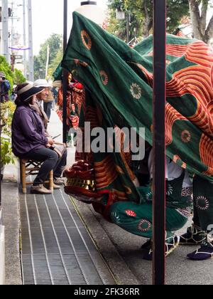 Takayama, Japan - October 10, 2015: Traditional Lion dance performance for good luck during the annual Takayama Autumn Festival Stock Photo