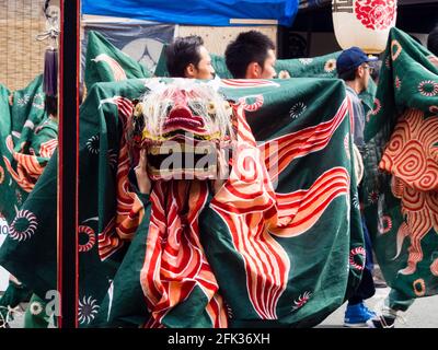 Takayama, Japan - October 10, 2015: Traditional Lion dance performance for good luck during the annual Takayama Autumn Festival Stock Photo