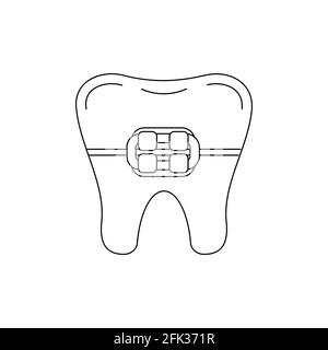 Tooth in braces dental line art icon isolated on white background. Stock Vector