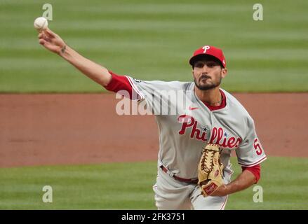 St. Louis, United States. 28th Apr, 2021. Philadelphia Phillies starting pitcher Zach Eflin delivers a pitch to the St. Louis Cardinals in the first inning at Busch Stadium in St. Louis on Tuesday, April 27, 2021. Photo by Bill Greenblatt/UPI Credit: UPI/Alamy Live News Stock Photo