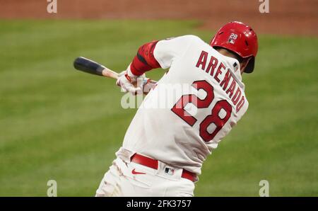 St. Louis, United States. 28th Apr, 2021. St. Louis Cardinals third baseman Nolan Arenado swings, hitting a double in the first inning against the Philadelphia Phillies at Busch Stadium in St. Louis on Tuesday, April 27, 2021. Photo by Bill Greenblatt/UPI Credit: UPI/Alamy Live News Stock Photo