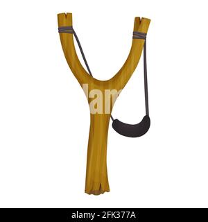 Wooden slingshot in cartoon flat style isolated on white background. Danger homemade weapon, simple catapult . Vector illustration Stock Vector