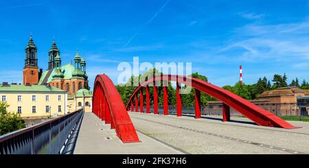 Poznan, Poland - June 5, 2015: Panoramic view of Ostrow Tumski island with Jordan Bridge over Cybina river and Poznan Cathedral of St. Peter and St. P Stock Photo