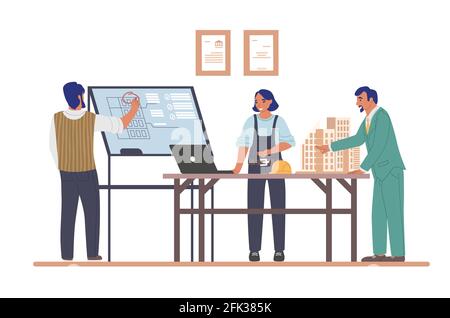 Architects working on architecture project of modern house building, flat vector illustration. Construction industry. Stock Vector