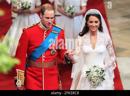 File photo dated 29/04/11 of Prince William and his bride Kate walking down the aisle at Westminster Abbey, London, following their marriage. The Duchess of Cambridge will have spent a decade as an HRH when she and the Duke of Cambridge mark their 10th wedding anniversary on Thursday. Issue date: Wednesday April 28, 2021. Stock Photo